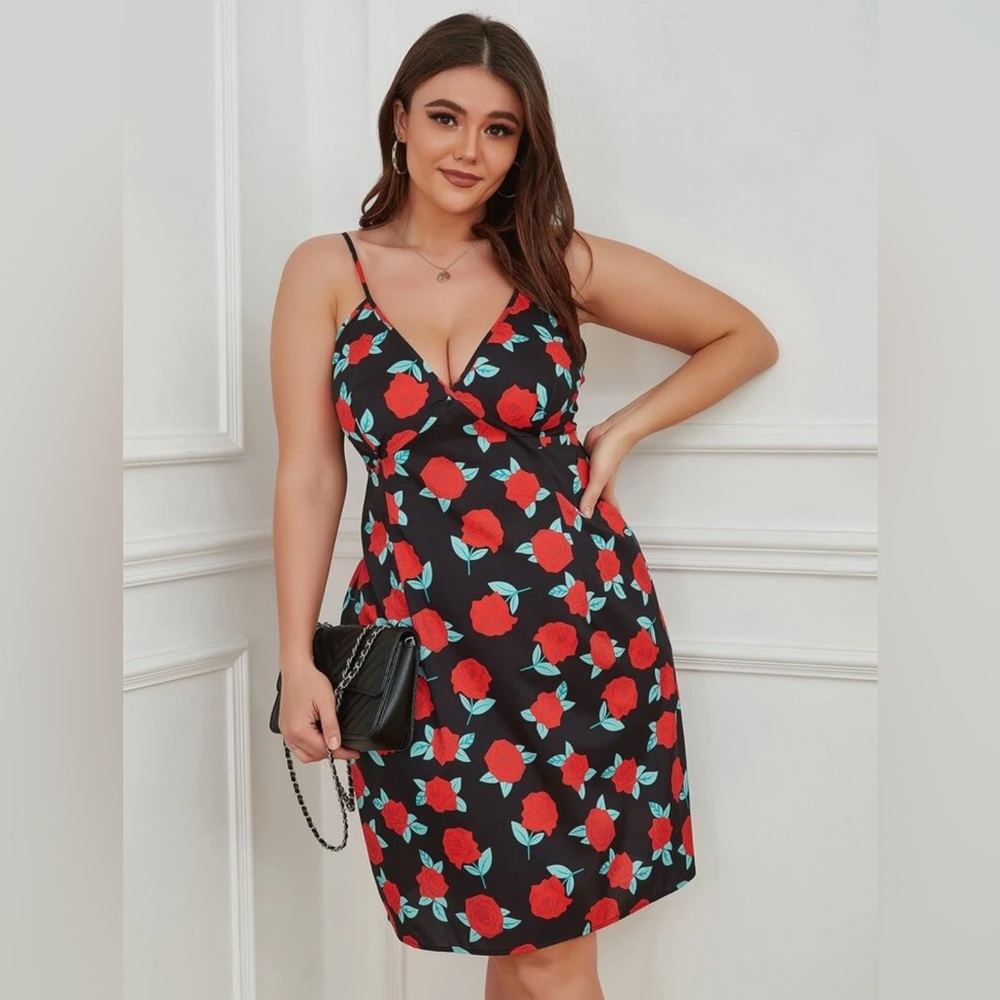 Vibrant Red and Green Floral Midi Dress